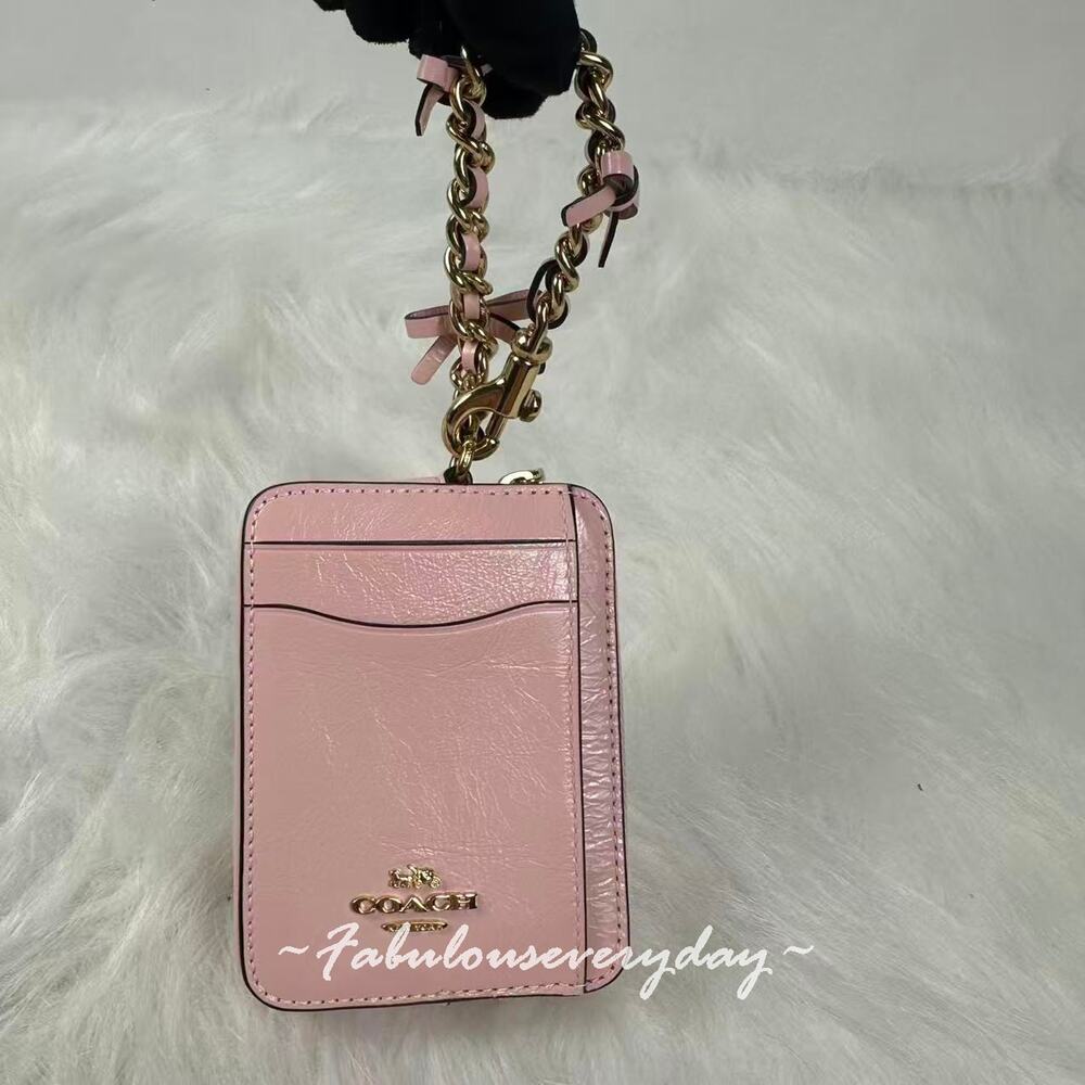 Coach Zip Card Case With Bow Leather/Soft Pink CEC13 ID Wallet Chain Strap NWT